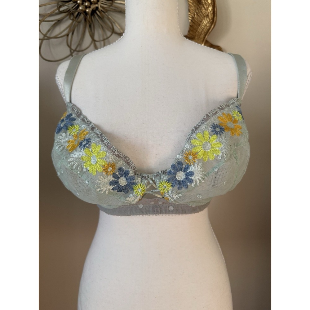 Savage X Fenty Free Spirit‎ Floral Embroidered Balconette Bra 40DDD Green